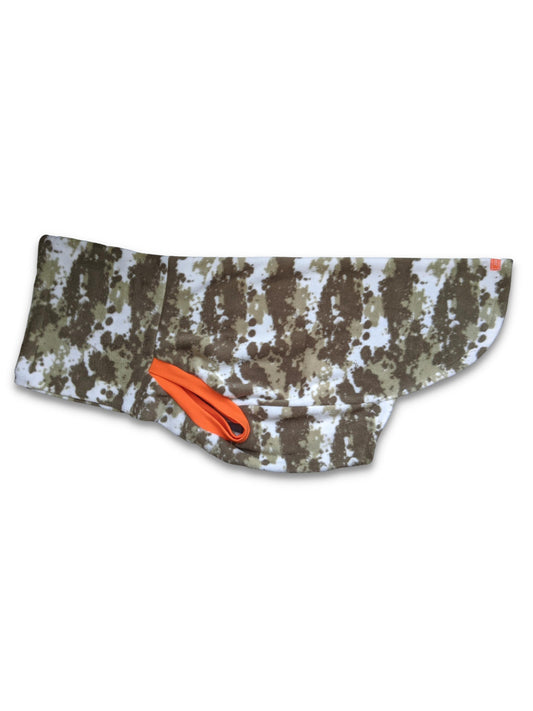 Side profile of Jax & Molly's 'The Hunter Dog Sweater' made from a fleece camouflage print.