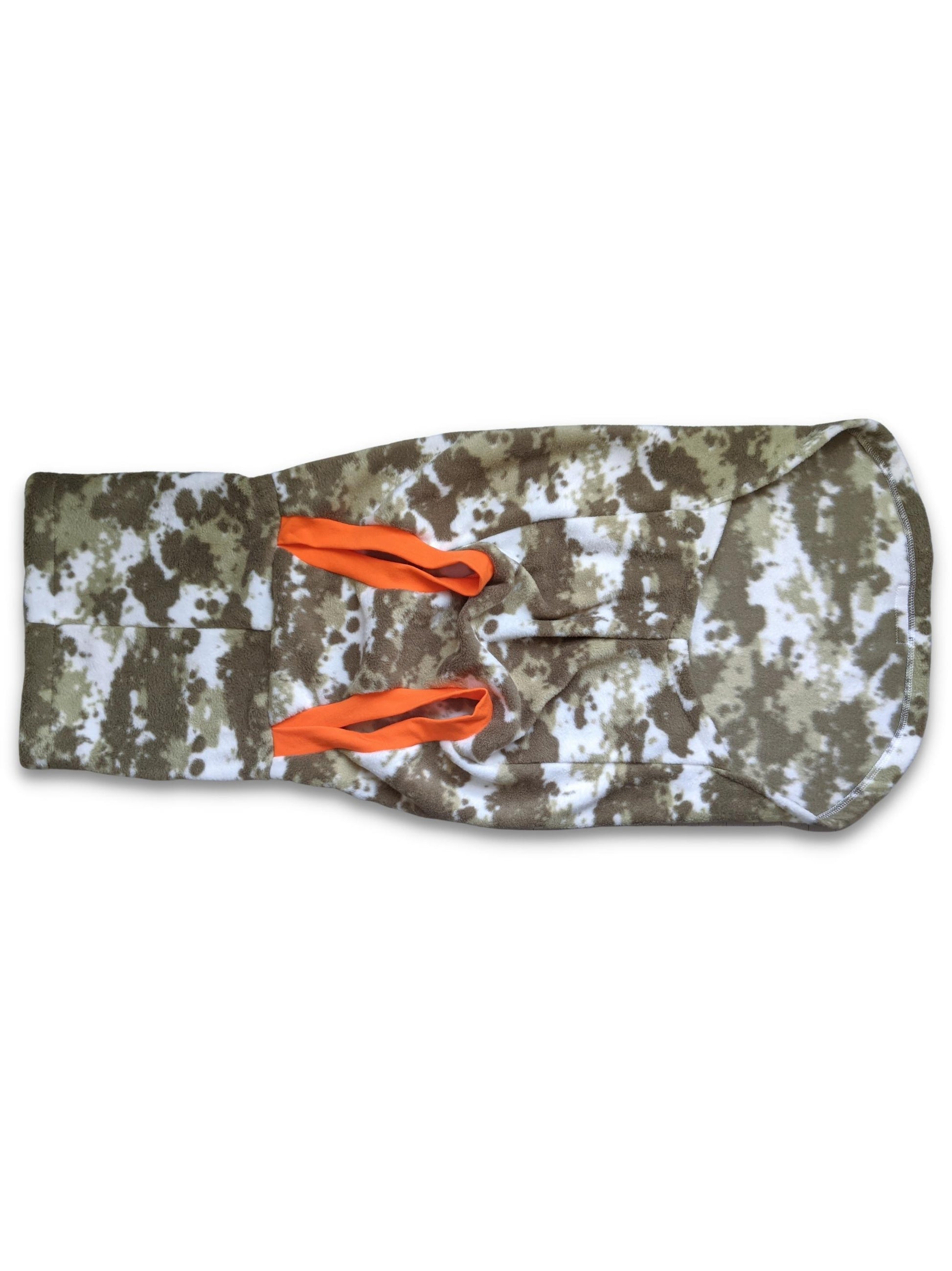 Underbelly view of Jax & Molly's 'The Hunter Dog Sweater' made from a fleece camouflage print.