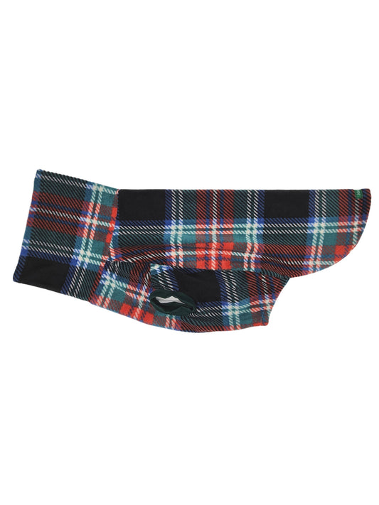 Side profile of Jax & Molly's 'The Midnight Tartan Dog Sweater' in classic t style, adorned with a beautiful plaid print in shades of blue, green, white, and red.