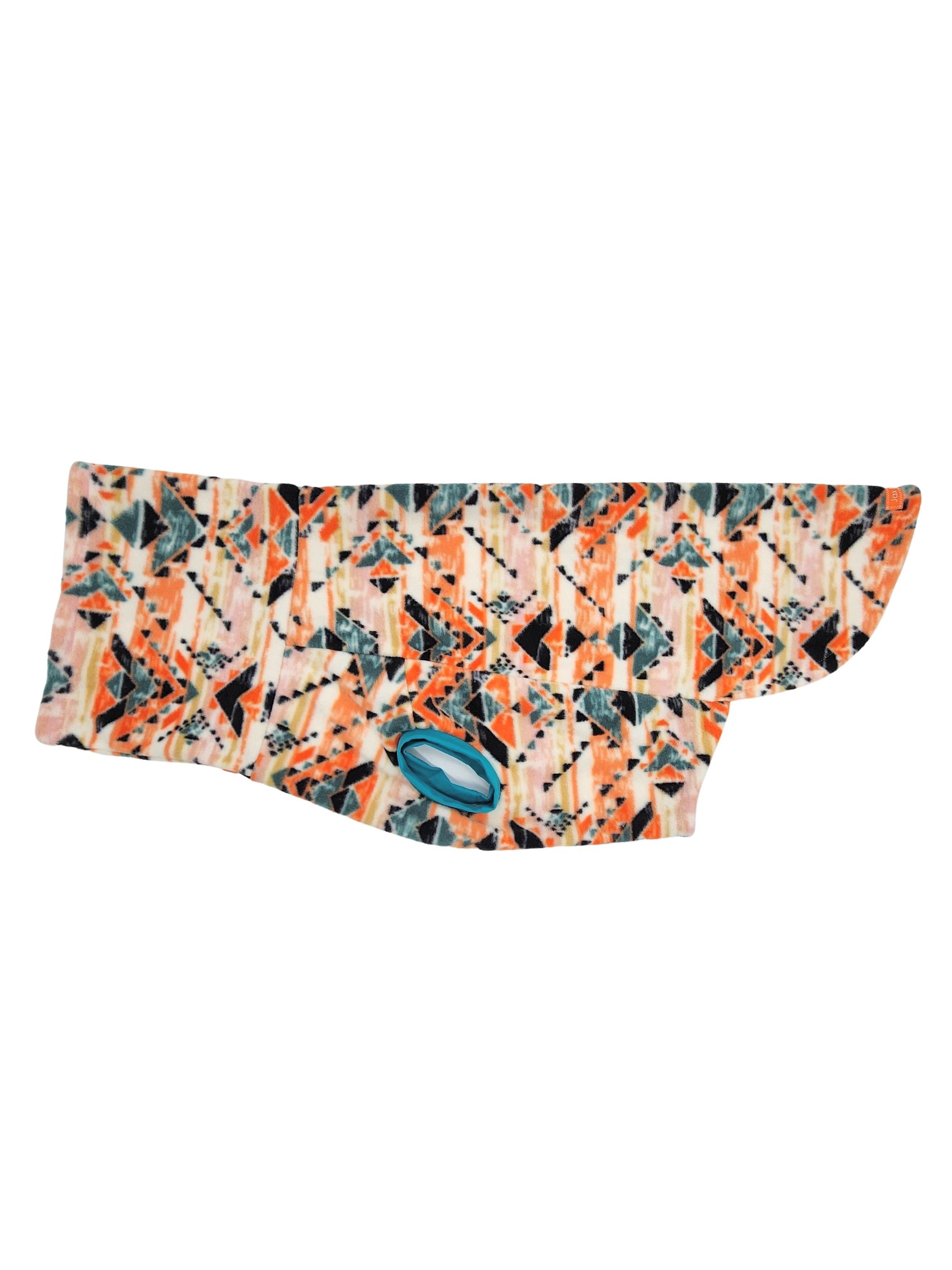 Side profile of Jax & Molly's Orange Mantis dog sweater adorned with an orange aztec print.