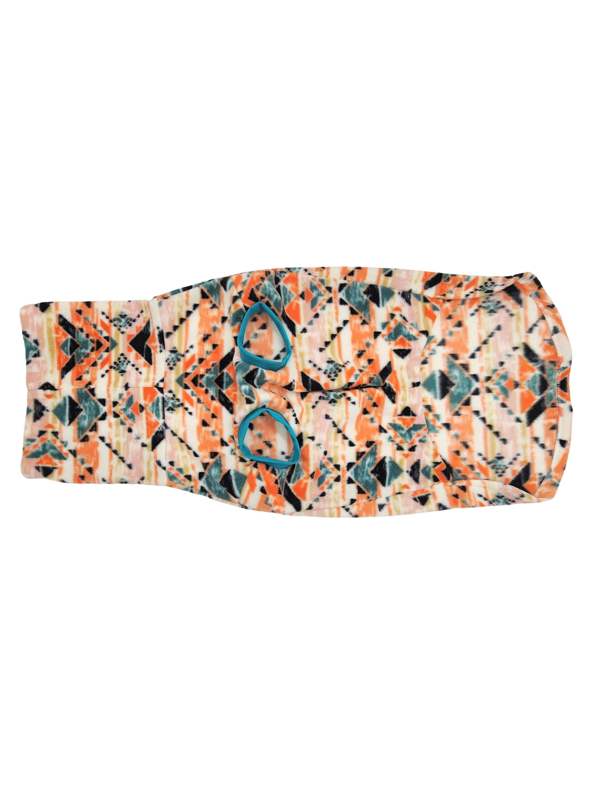 Underbelly profile of Jax & Molly's Orange Mantis dog sweater adorned with an orange aztec print.