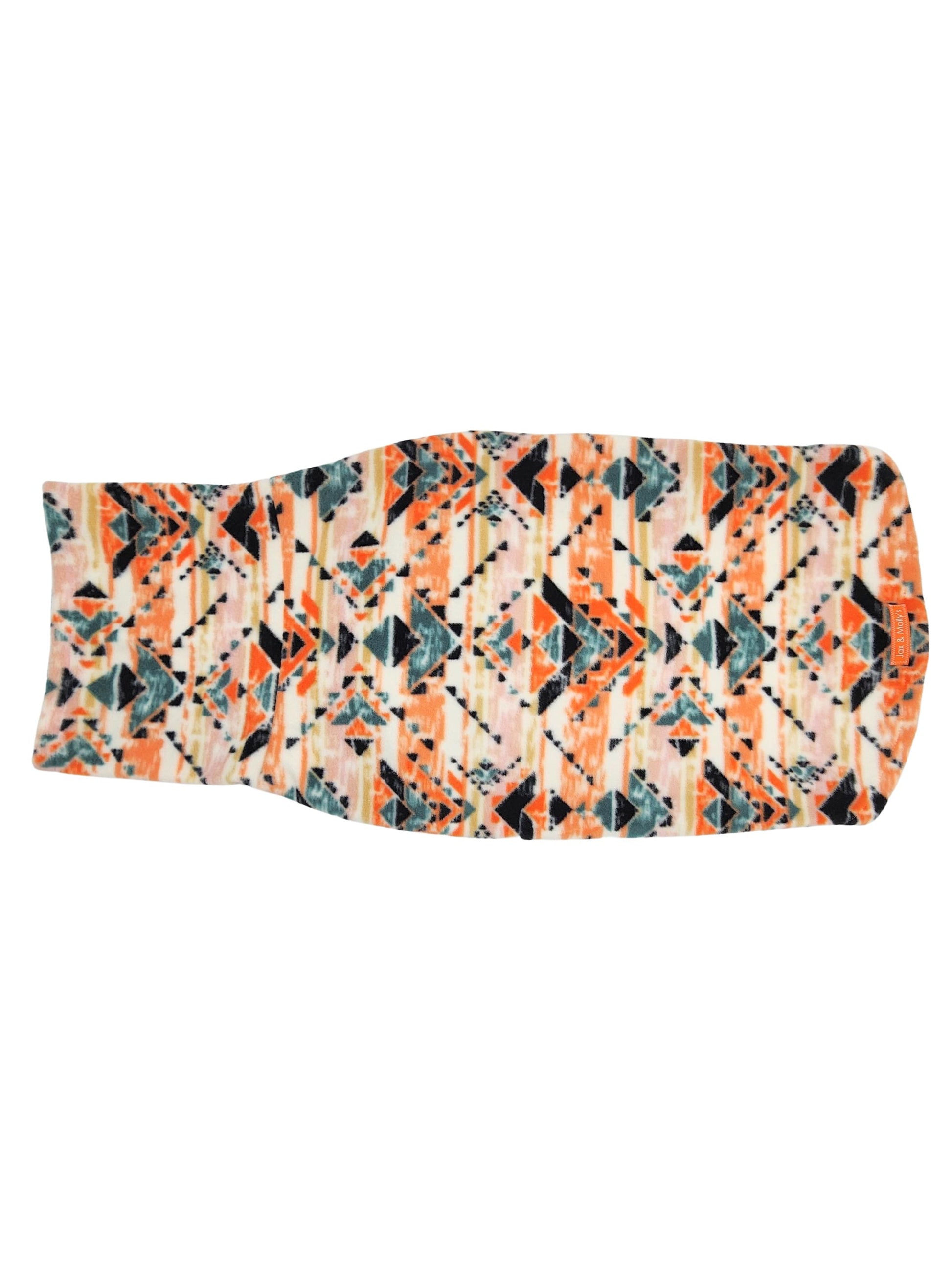 Top view of Jax & Molly's Orange Mantis dog sweater adorned with an orange aztec print.