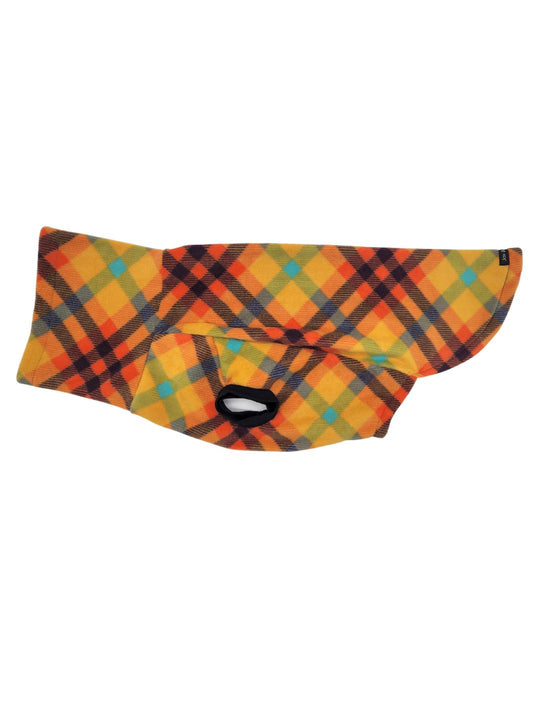 Side view of Jax & Molly’s orange and blue plaid dog sweater