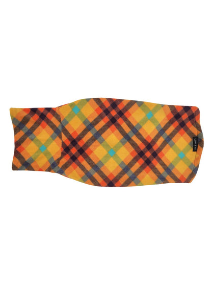 Back view of Jax & Molly’s orange and blue plaid dog sweater