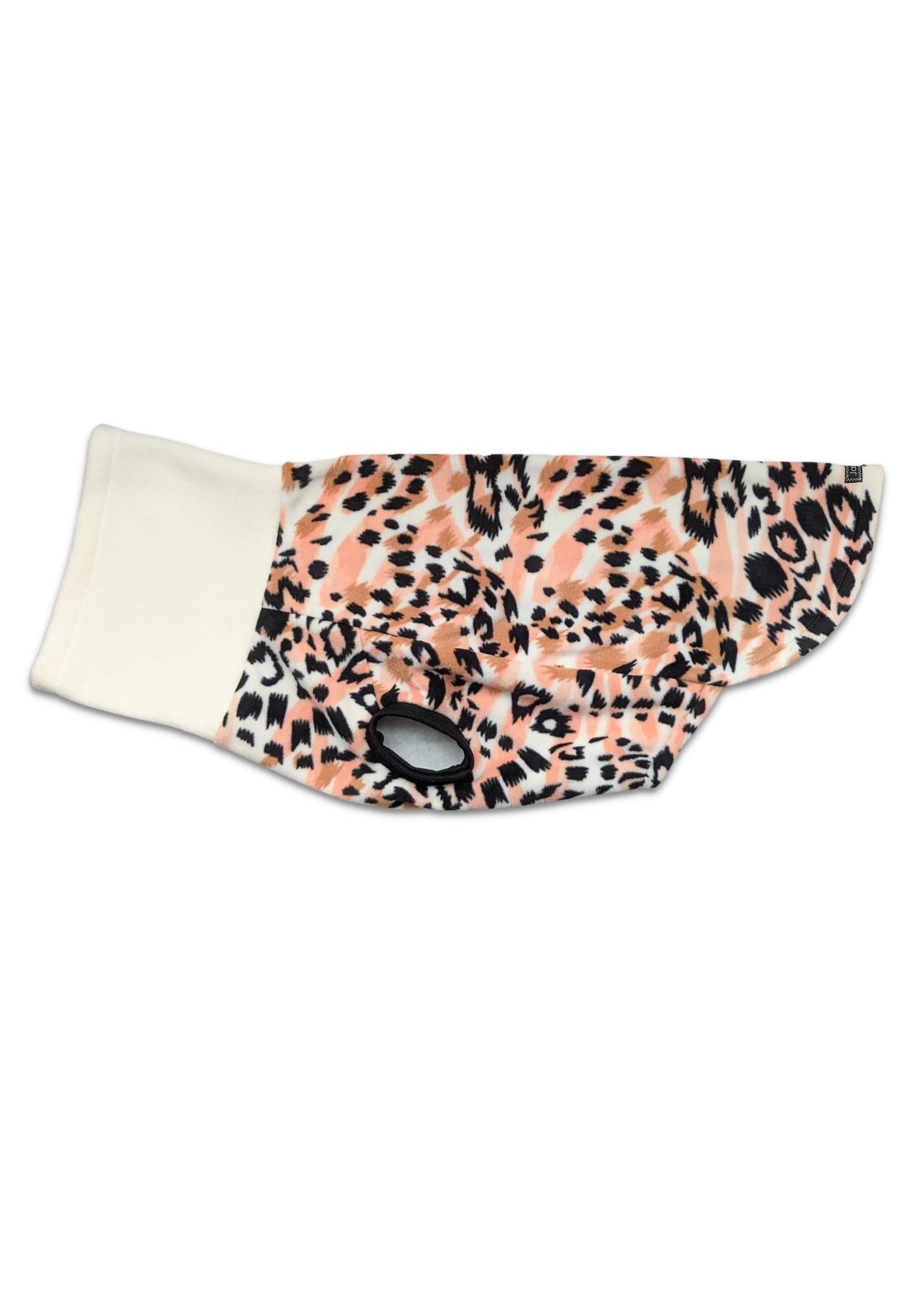 Side profile of Jax & Molly's animal print fleece dog sweater with ivory turtleneck.
