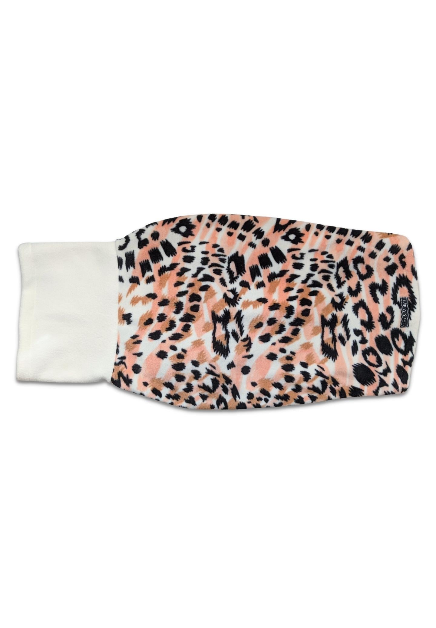 Back view of Jax & Molly's animal print fleece dog sweater with ivory turtleneck.