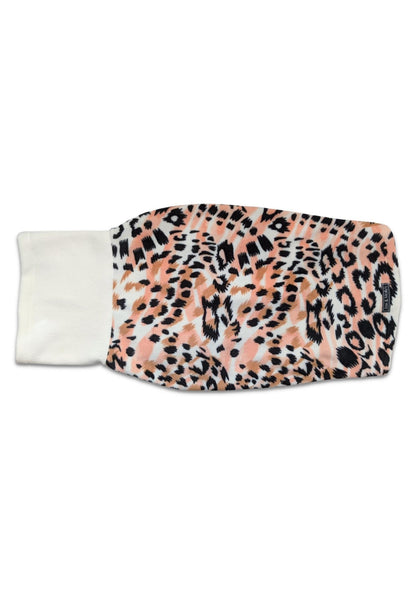 Back view of Jax & Molly's animal print fleece dog sweater with ivory turtleneck.