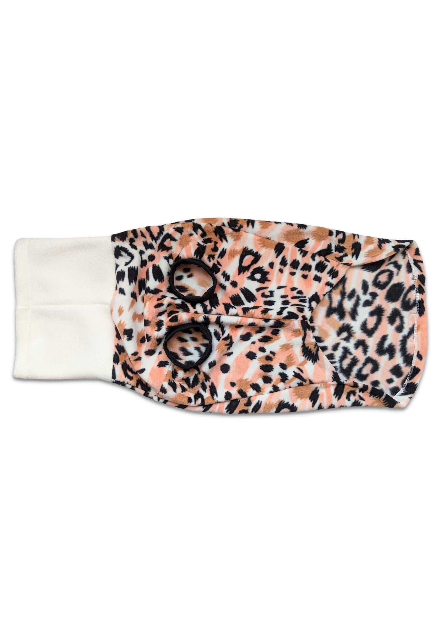 Underbelly view of Jax & Molly's Peach Margay dog sweater adorned with a beautiful animal print with ivory turtleneck.