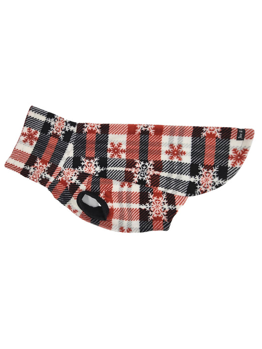 Side view of Jax & Molly's Triflurry Dog Sweater in red, white and black plaid with snowflake print.
