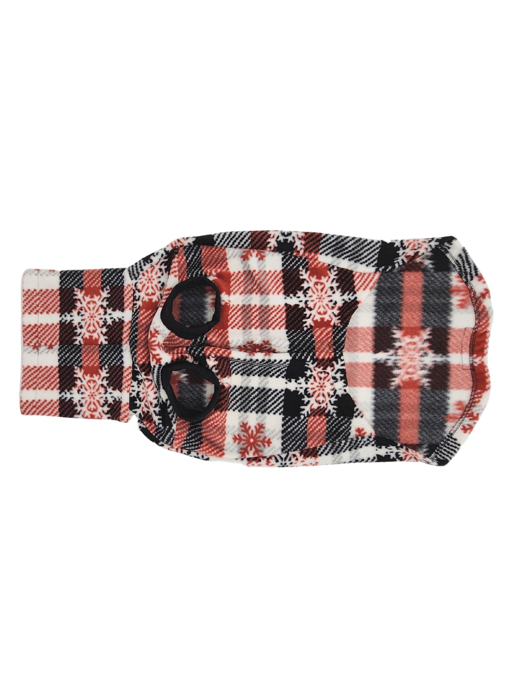 Underbelly view of Jax & Molly's Triflurry Dog Sweater in red, white and black plaid with snowflake print complemented with a black trim.
