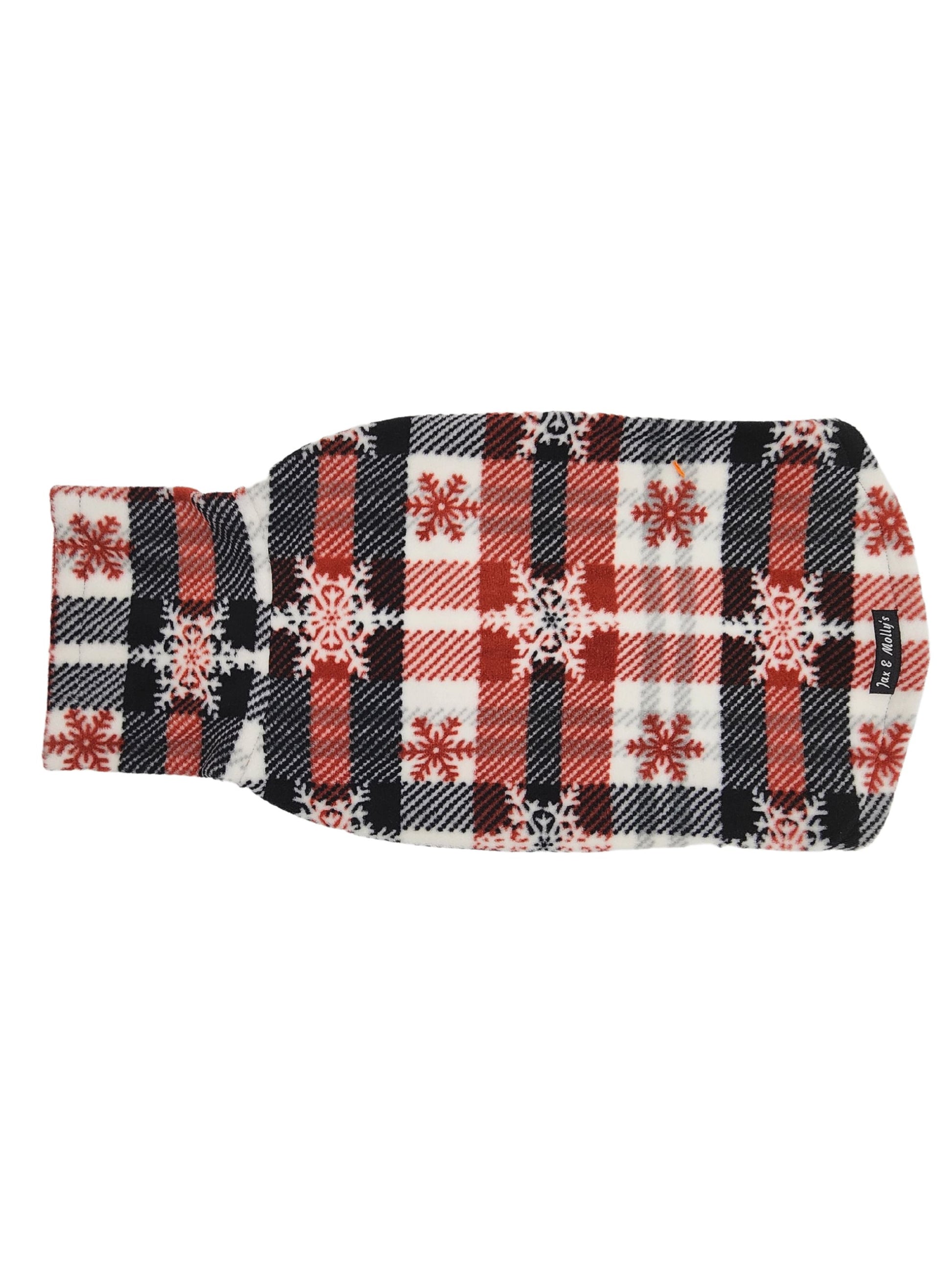 Back view of Jax & Molly's Triflurry Dog Sweater in red, white and black plaid with snowflake print.