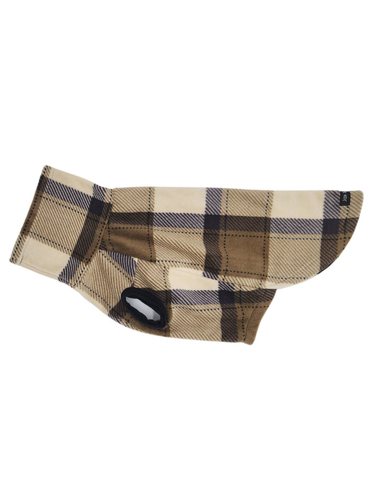 Side profile of Jax & Molly's Trinity Dog Sweater, adorned with a beige, tan and navy plaid.