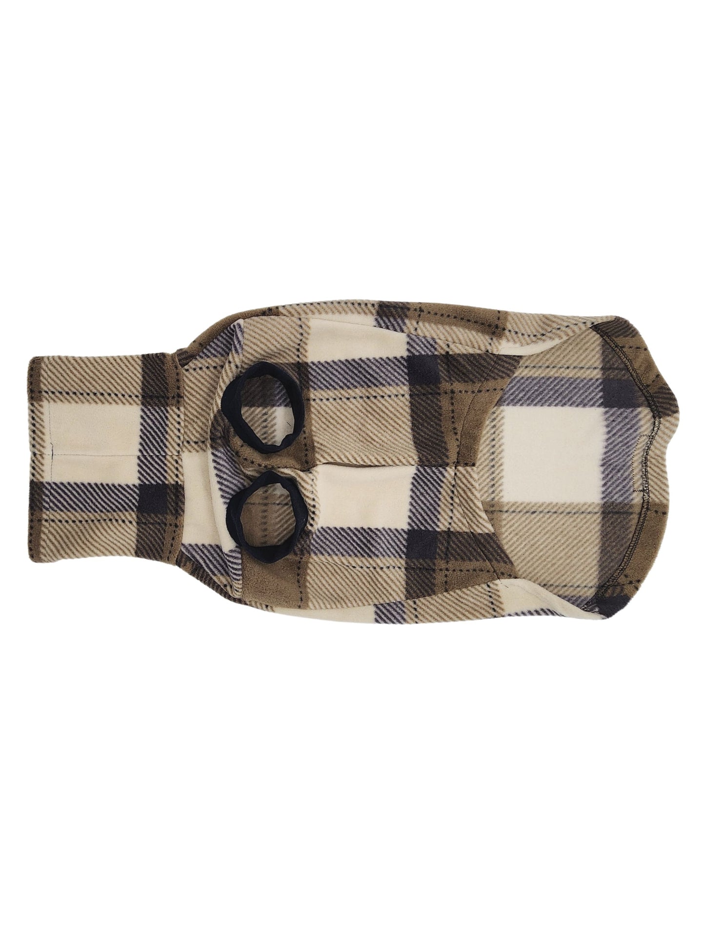 Underbelly view of Jax & Molly's Trinity Dog Sweater, adorned with a beige, tan and navy plaid.