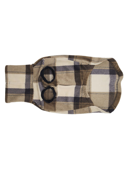 Underbelly view of Jax & Molly's Trinity Dog Sweater, adorned with a beige, tan and navy plaid.