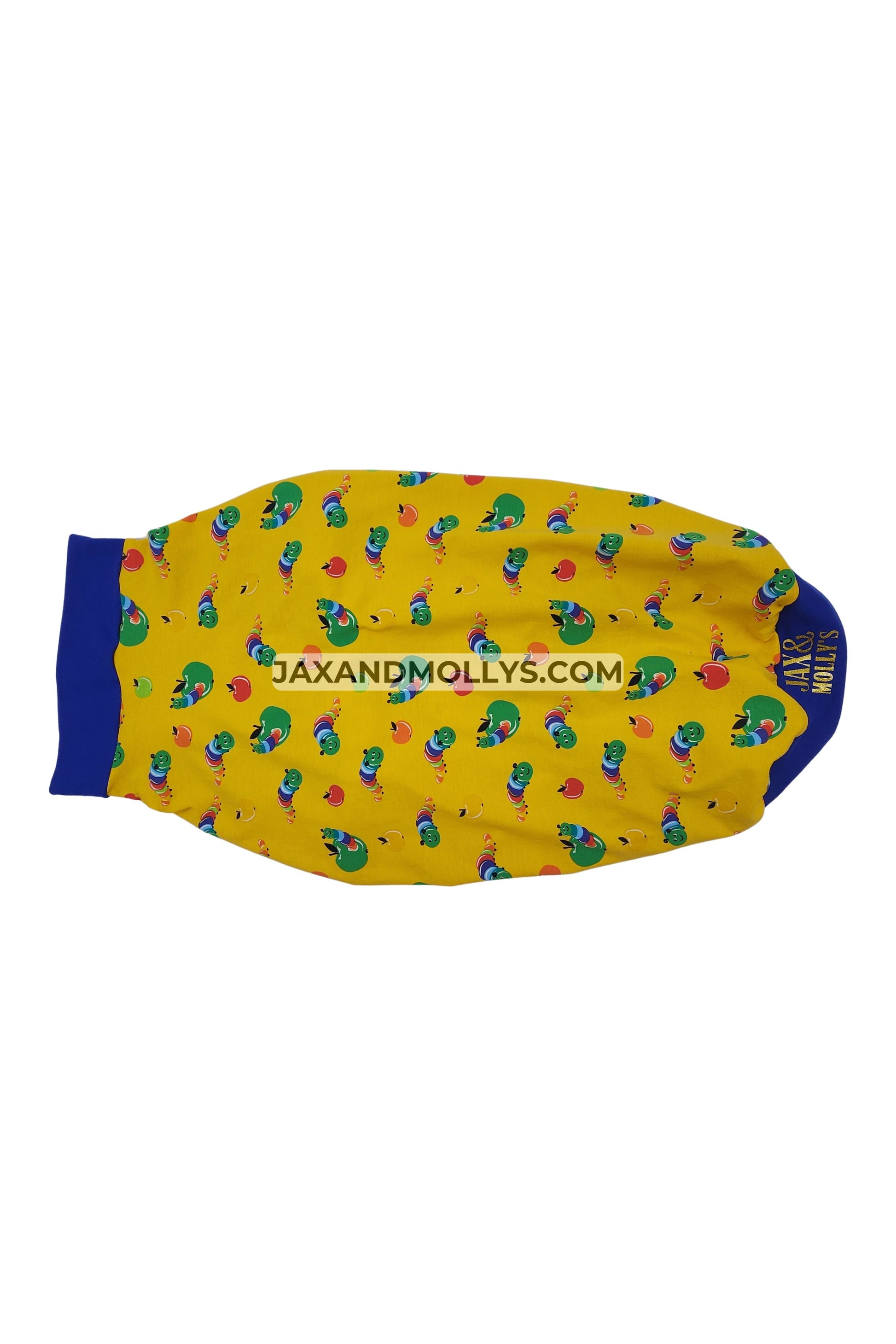 Yellow dog pajamas with adorable caterpillar design