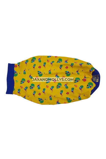 Yellow dog pajamas with adorable caterpillar design