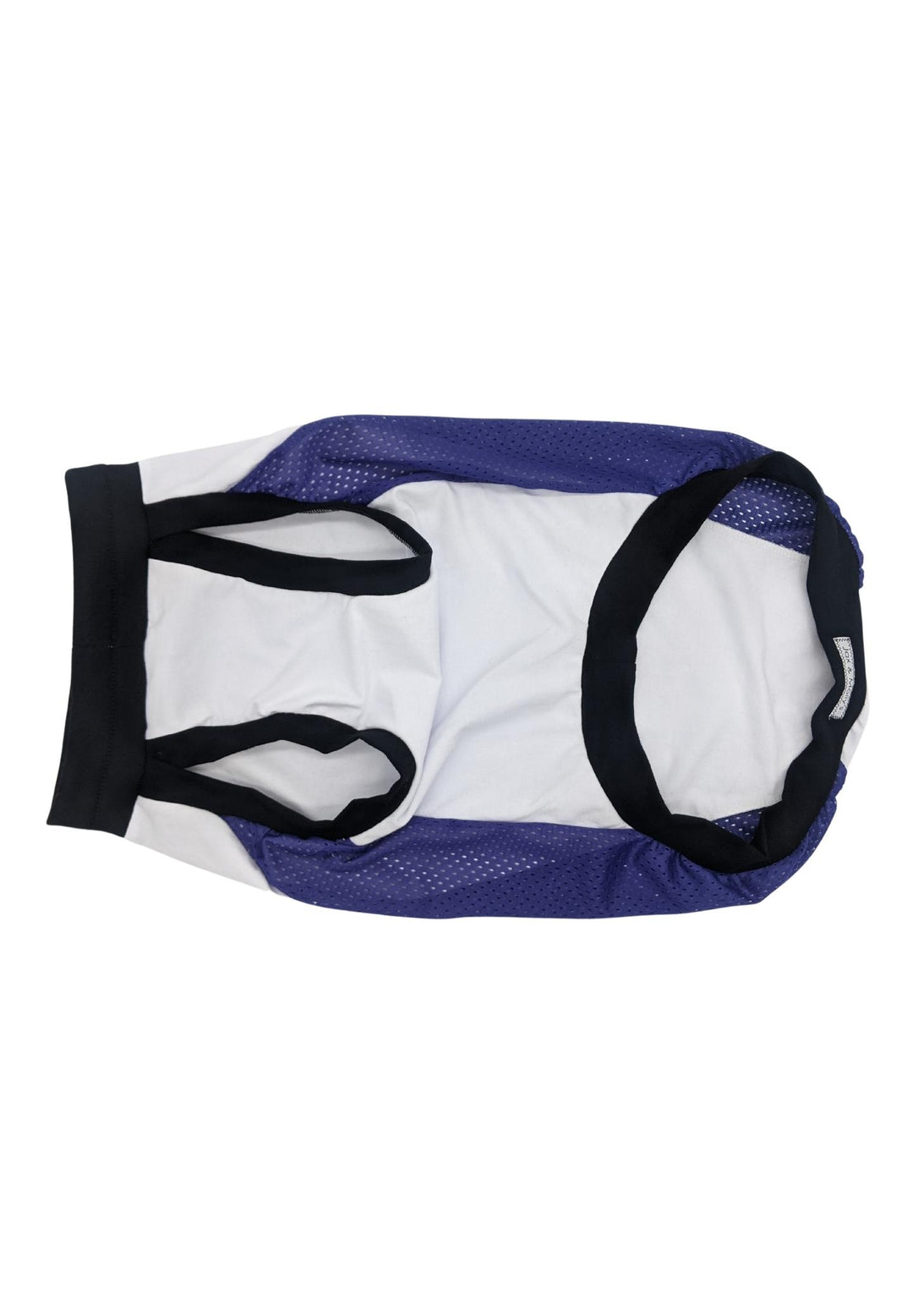 Underbelly view of the dog sports jersey with a white body, purple mesh sides, and black trim, displayed on a white background, emphasizing the larger arm holes. 
