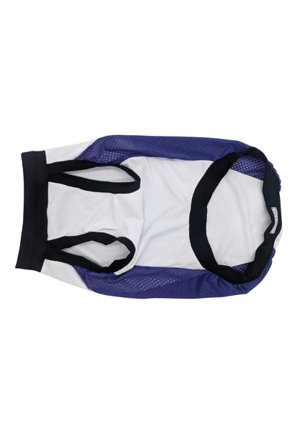 Underbelly view of the dog sports jersey with a white body, purple mesh sides, and black trim, displayed on a white background, emphasizing the larger arm holes. 
