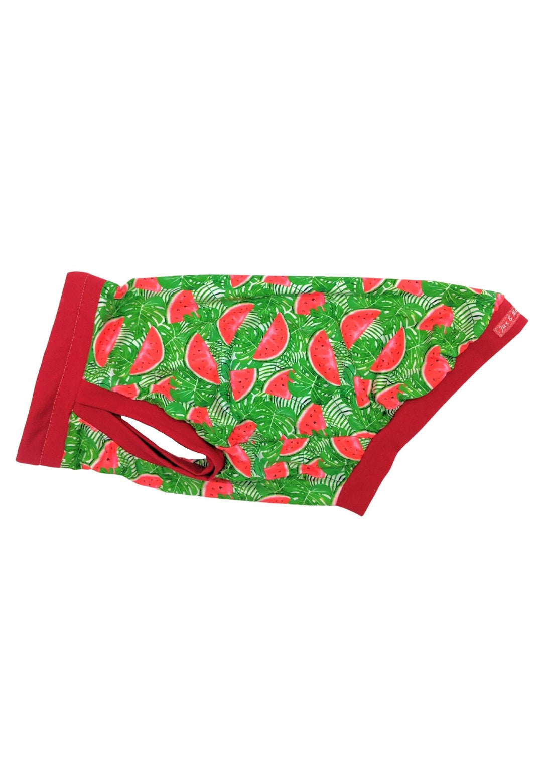 Side preview of a watermelon print muscle dog tank with red trim on white background.