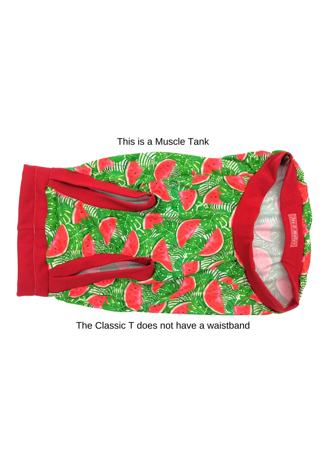 Underbelly view of a watermelon print muscle dog tank with red trim on white background