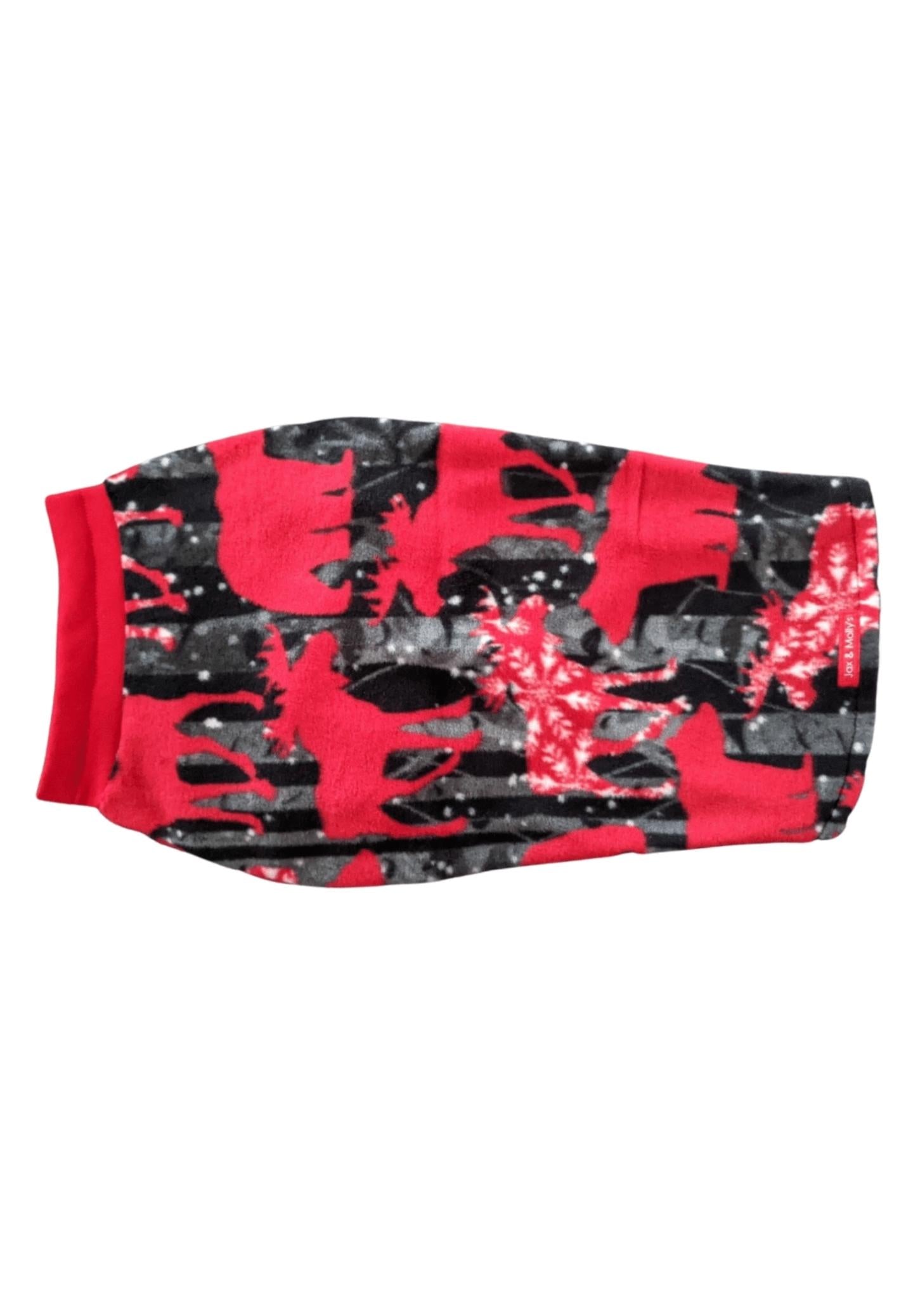 Back view of Jax & Molly's Winter Animals Holiday Dog Sweater, crafted from fleece with a display of bears and moose in red in a black and gray backround.