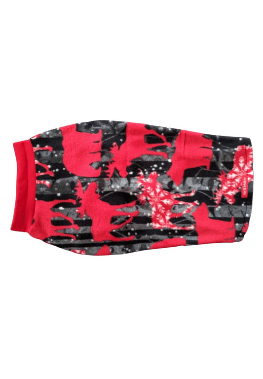 Back view of Jax & Molly's Winter Animals Holiday Dog Sweater, crafted from fleece with a display of bears and moose in red in a black and gray backround.