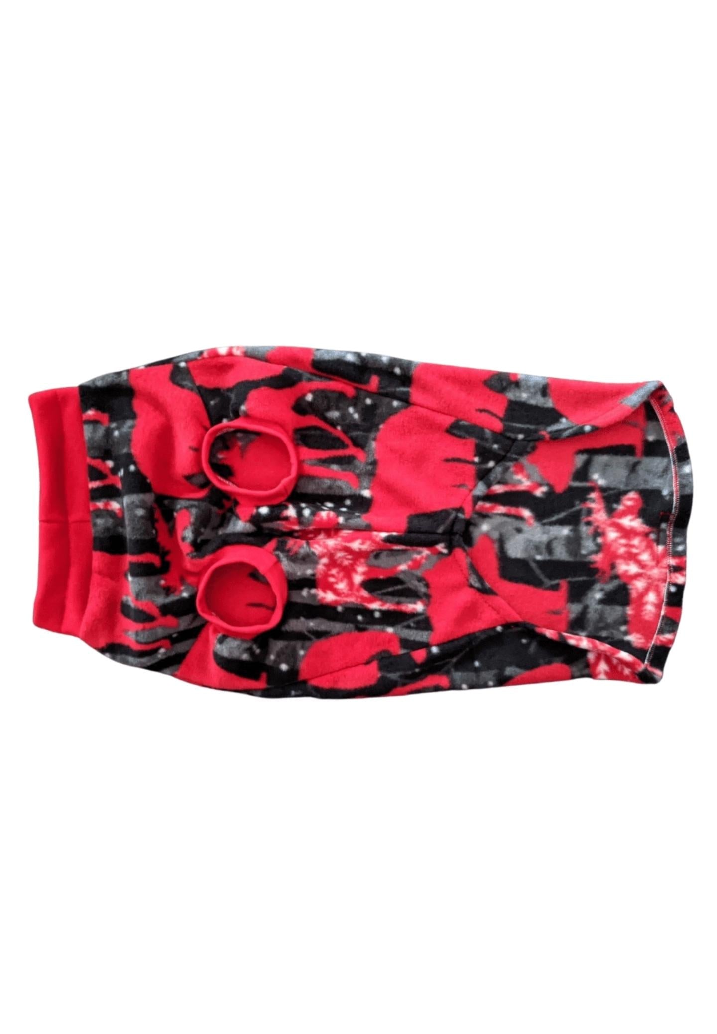 Underbelly view of Jax & Molly's Winter Animals Holiday Dog Sweater, crafted from fleece with a display of bears and moose in red in a black and gray backround.