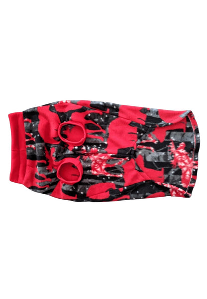 Underbelly view of Jax & Molly's Winter Animals Holiday Dog Sweater, crafted from fleece with a display of bears and moose in red in a black and gray backround.