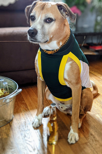 Dog Sports Jersey - Green Body, White Mesh Sides, Yellow & Green Trim